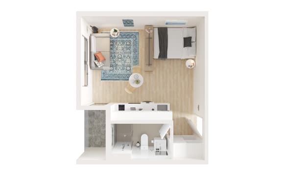 a stylized floor plan of a bedroom with a bathroom and a closet