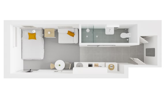 a top view of a bedroom with a bathroom and a sink
