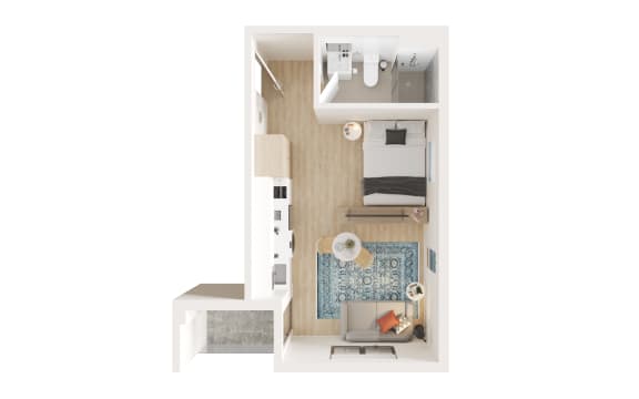 a stylized floor plan of a small apartment with a bedroom and bathroom