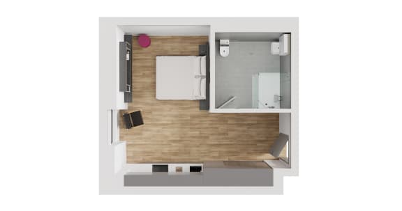 the interior of a small apartment with a bathroom and a kitchen