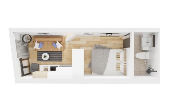 a floor plan of a bedroom with a bed and a bathroom