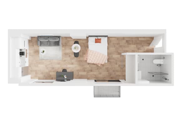 an overhead view of a house with a bedroom and a bathroom