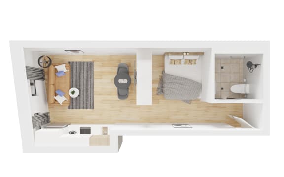 Floor Plan  a 3d rendering of a bedroom with a bathroom and a living room