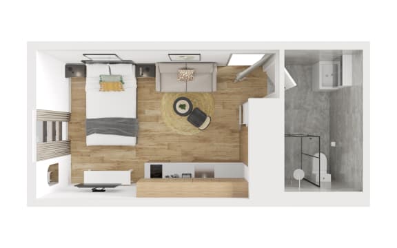 a floor plan of a bedroom with a living room and a bathroom