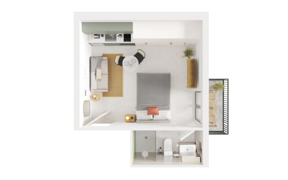 a floor plan of a studio apartment with a bedroom and a living room