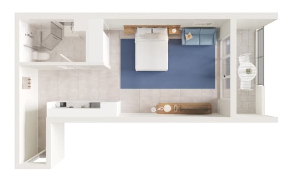 a rendering of a bathroom with a blue accent wall and white tiles