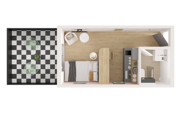 Floor Plan  a bedroom and a living room with a checkered floor