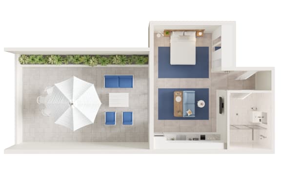 a floor plan of a hotel room with an umbrella