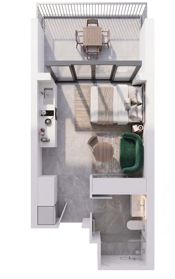 A top down view of a bathroom with a toilet, sink, and shower.
