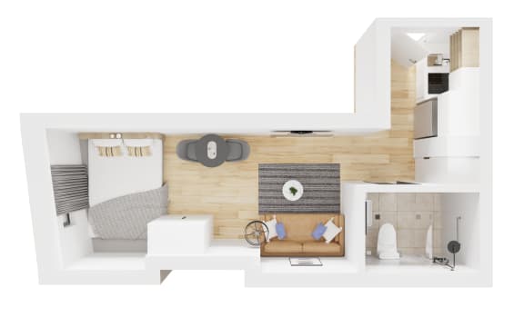 a top view of a bedroom with a bed and a living room