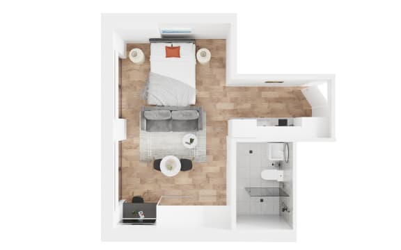 a floor plan of a bedroom with a bathroom and a living room