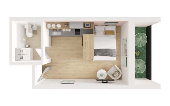 A top down view of a kitchen with a sink, stove, and refrigerator.