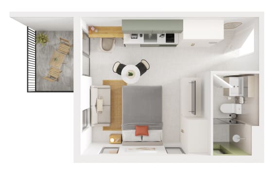 a stylized floor plan of a small apartment with a bedroom and a bathroom