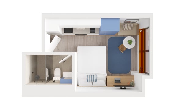 Floor Plan  a top view of a bedroom with a bed and a closet