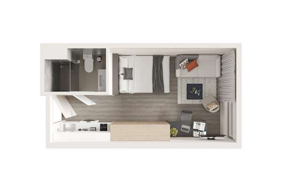 A top-down view of a small, modern apartment with a kitchen, living room, and bathroom.