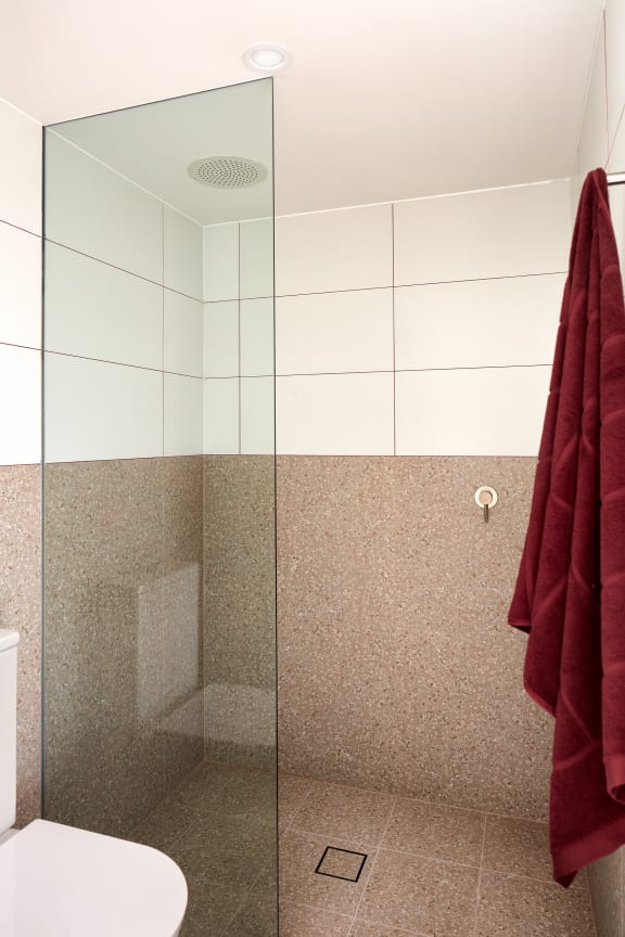 a bathroom with a shower and a toilet and a red towel
