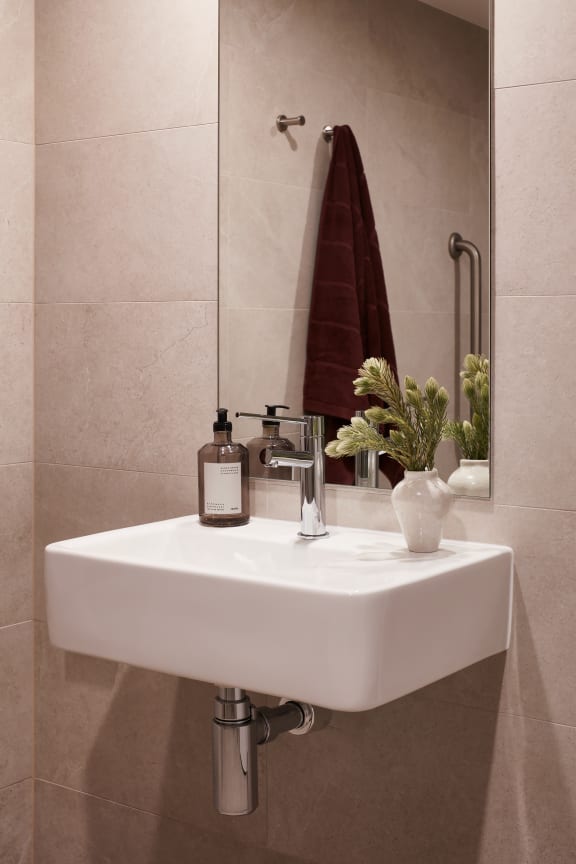 a white bathroom sink with a plant on top of it