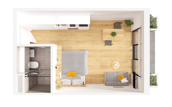 A modern living room with a grey sofa and a wooden wall.