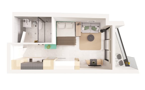 a floor plan of a small apartment with a bedroom and a bathroom