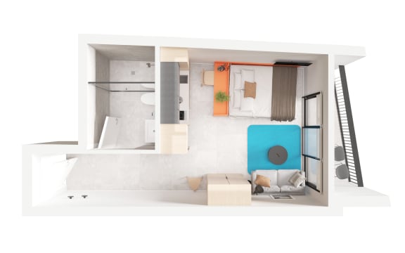 a model of a studio apartment with a blue chair and a couch