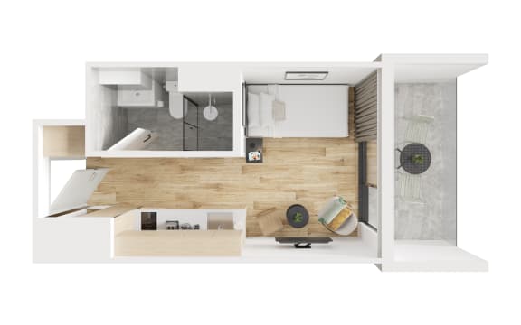 a floor plan of a small apartment with a bathroom and a bedroom