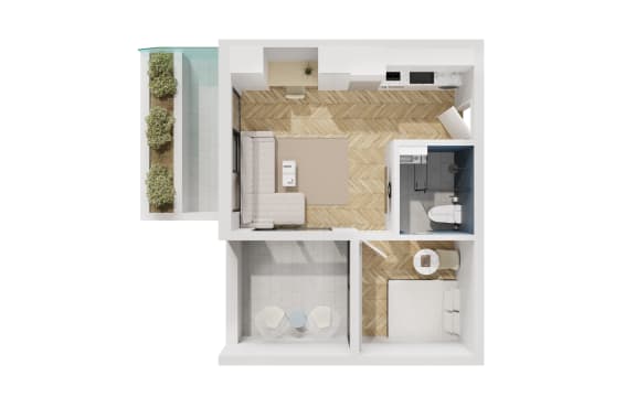 a floor plan of a small apartment with a bathroom and a bedroom