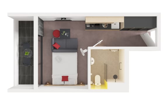 a top down view of a small apartment with a bathroom and a bedroom