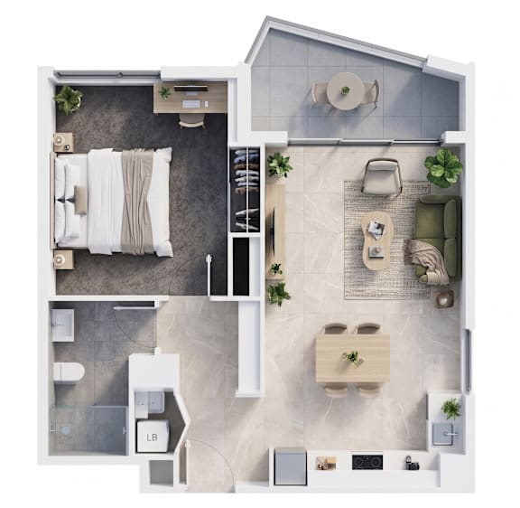 A top-down view of a modern, minimalist bedroom and living area.