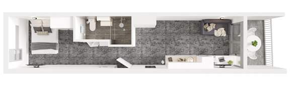 A modern bathroom with a grey wall and white fixtures.