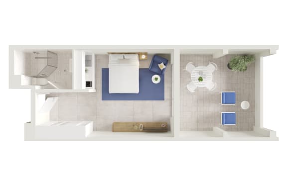 Floor Plan  a stylized floor plan of a studio apartment with a bedroom and a bathroom