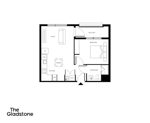 A black and white floor plan of a small apartment.