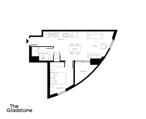 A black and white diagram of a house layout with the text "The Gladstone" at the bottom.
