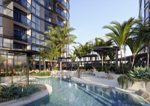 a rendering of a swimming pool at a hotel with palm trees