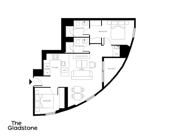 A black and white floor plan of a building named The Gladstone.