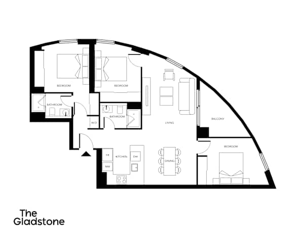 A black and white floor plan of a residence with labeled rooms.