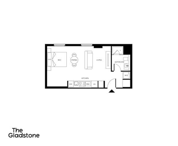 A black and white floor plan of a small apartment.