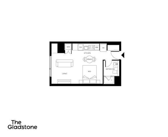 A floor plan of a small apartment with a kitchen, living room and bathroom.