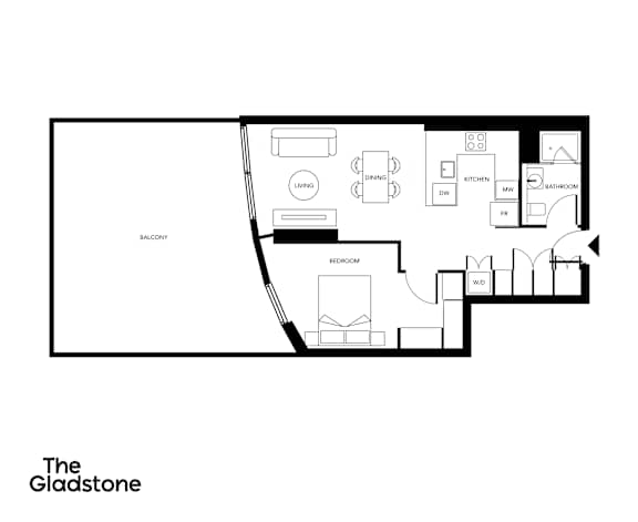 A black and white image of a floor plan for a building named The Gladstone.