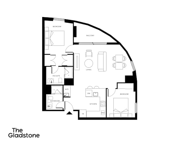 A black and white image of a floor plan for a property called The Gladstone.