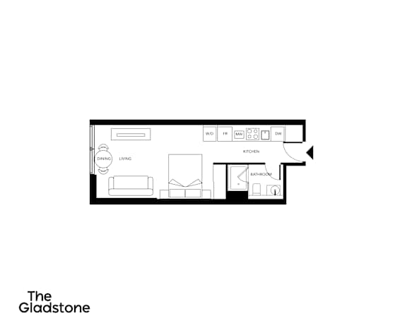 A floor plan of a room with a kitchen, living room and bathroom.