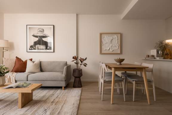 A living room with a grey sofa, a wooden table with four chairs, and two framed pictures on the wall.