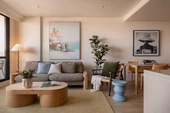 A living room with a grey sofa, a coffee table, a potted plant, a painting, and a framed picture on the wall.