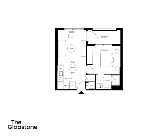 A black and white floor plan of a small apartment.