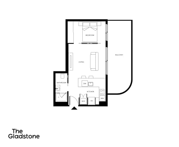 A black and white floor plan of a house with a living room, dining room, kitchen, bathroom, and balcony.