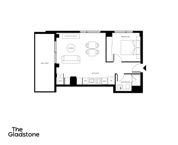 A floor plan of a house layout with a living room, dining room, kitchen, and bathroom.