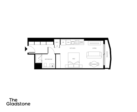 A black and white floor plan of a room with a kitchen, living room, and bathroom.