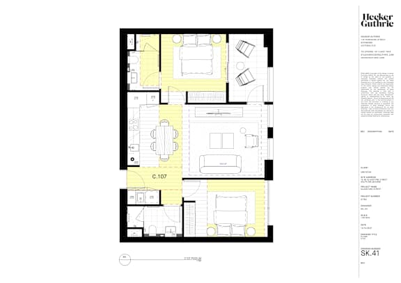 a floor plan of a small house with yellow floors and a balcony