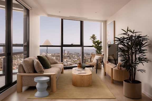 A modern living room with a view of the city.