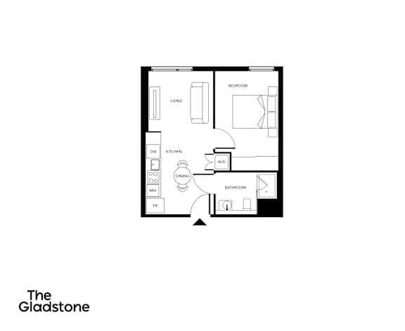 A black and white image of a floor plan for a small apartment.
