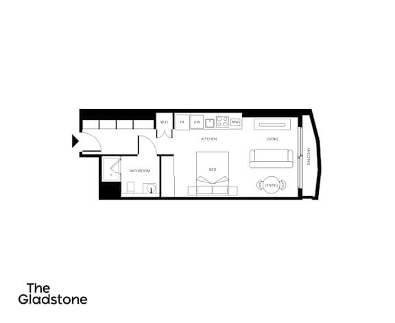 A black and white floor plan of a room with a kitchen, living room, and bathroom.
